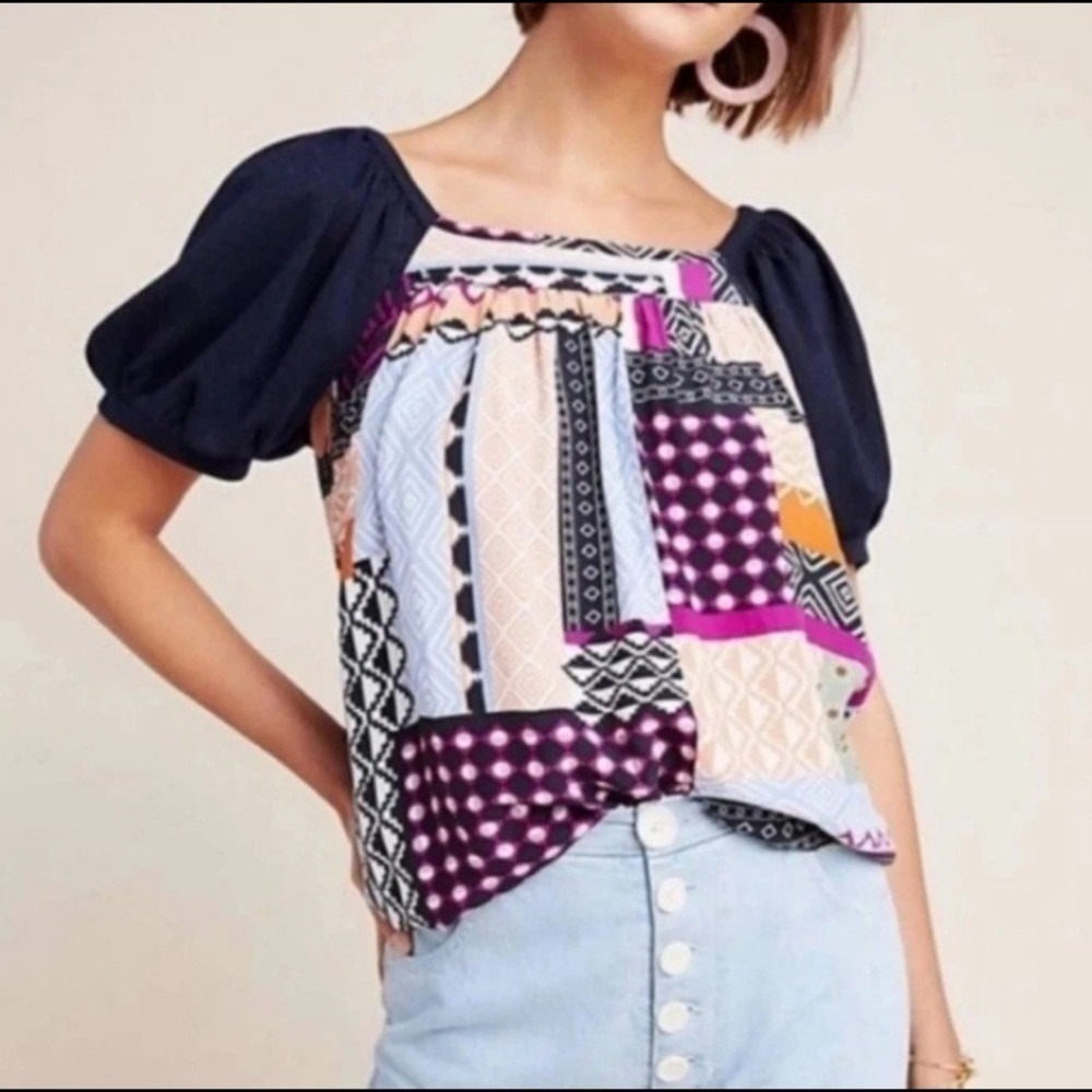 Maeve Anthropologie Mixed Patchwork Puff Sleeve Blouse Navy Multi Small